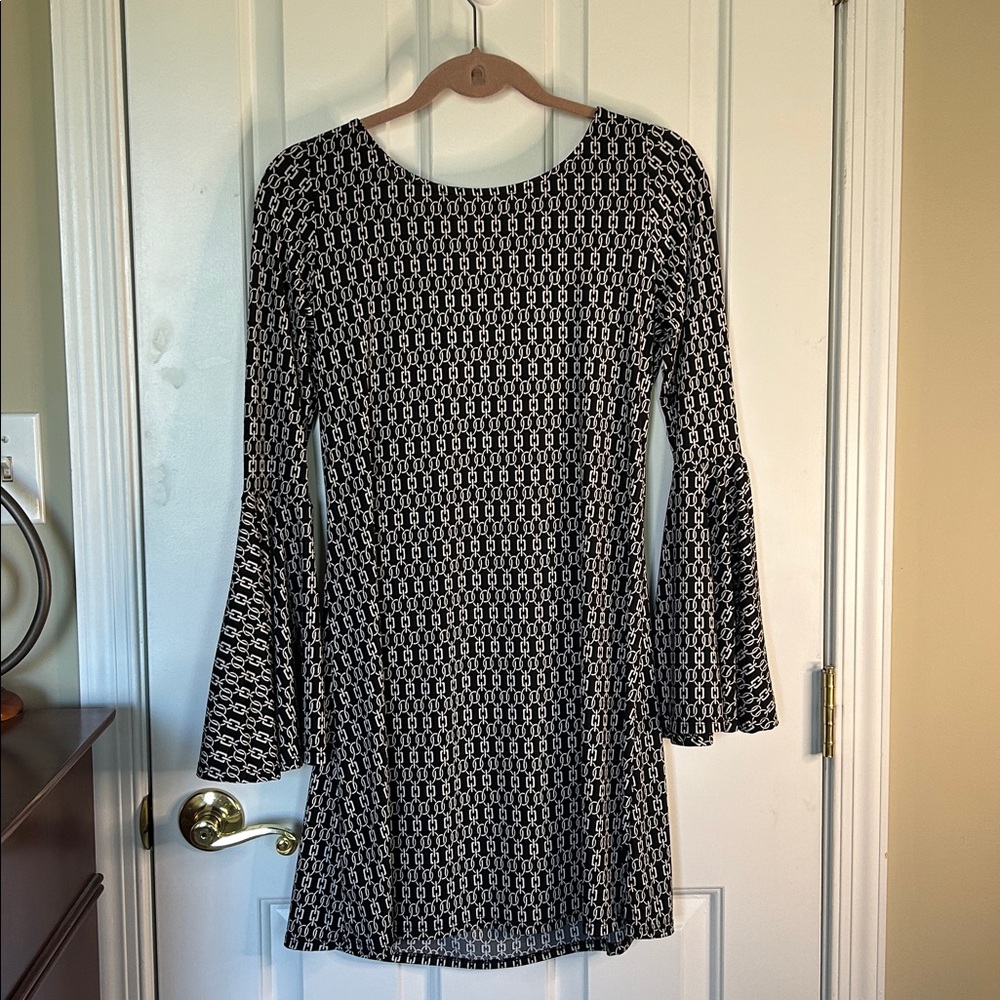 Talk of the Walk Black and White Geometric Long Sleeve Dress